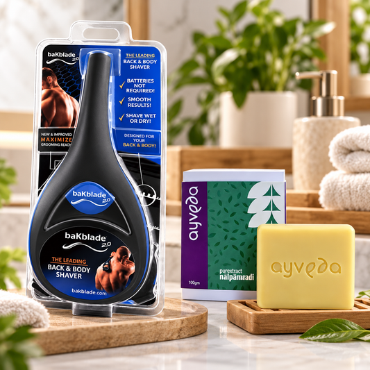 Back Hair Removal & Body Shaver with Curved Handle + Ayveda Nalpamaradi Soap – Grooming & Skincare Combo